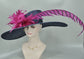 Navy Kentucky Derby Hat, Magenta Feather & Pheasant Tail Wide Brim Sinamay Hat