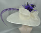 Wide Brim Kentucky Derby Hat: Ivory Sinamay with Purple Feather Flower