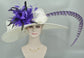 Wide Brim Kentucky Derby Hat: Ivory Sinamay with Purple Feather Flower