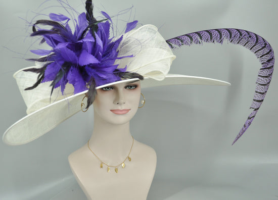 Wide Brim Kentucky Derby Hat: Ivory Sinamay with Purple Feather Flower