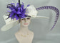 Wide Brim Kentucky Derby Hat: Ivory Sinamay with Purple Feather Flower