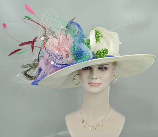 Wide Brim Sinamay Kentucky Derby Hat: Feather Flowers Tea Party