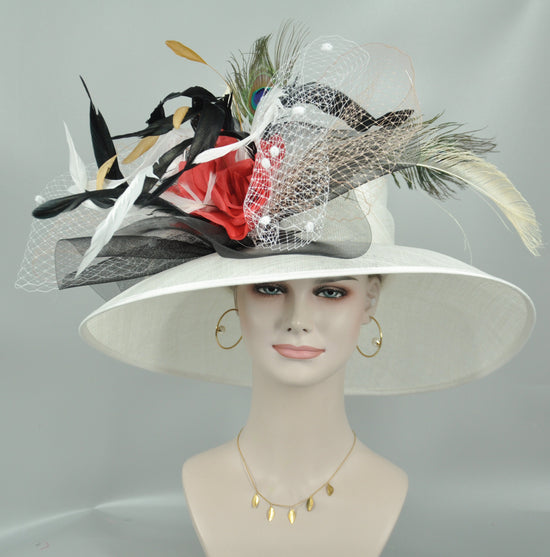 White, Red Silk Flowers  Peacock Wide Brim Kentucky Derby Hat, Ascot Hat for Wedding Tea Party, Garden Party Hat,Mother of the Bride,Church