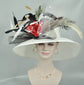 Wide Brim Sinamay Derby Hat: White, Red Silk Flowers & Peacock Feathers