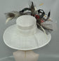Wide Brim Sinamay Derby Hat: White, Red Silk Flowers & Peacock Feathers