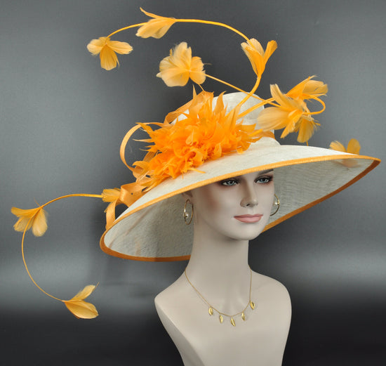 Wide Brim Kentucky Derby Hat: White Sinamay with Orange Feather Flowers