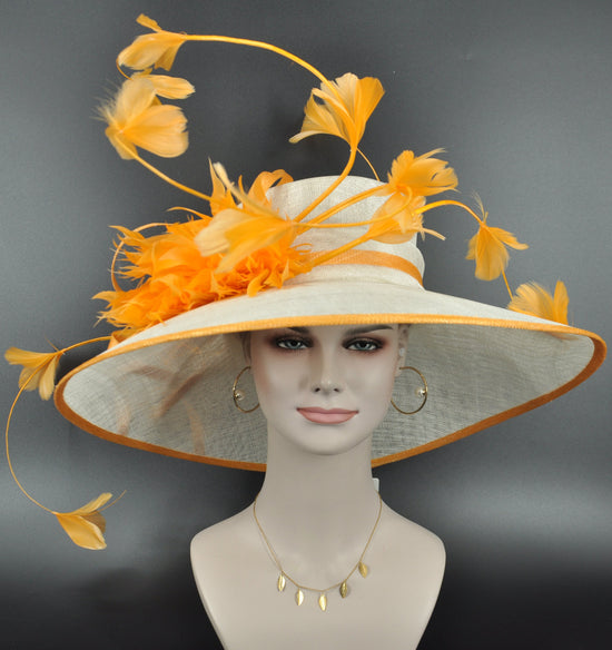Wide Brim Derby Hat: White Sinamay with Orange Feather Flowers