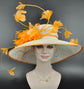 Wide Brim Kentucky Derby Hat: White Sinamay with Orange Feather Flowers