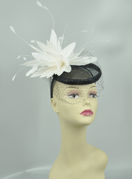 Sinamay Fascinator Hat: Black & White Feather Flower, Derby Tea Party Headband