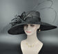 Black Sinamay Wide Brim Derby Hat: Feather Flower Ascot Race Day Hat