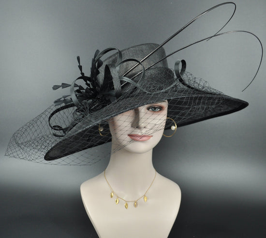 Black Sinamay Wide Brim Derby Hat: Feather Flower Ascot Race Day Hat