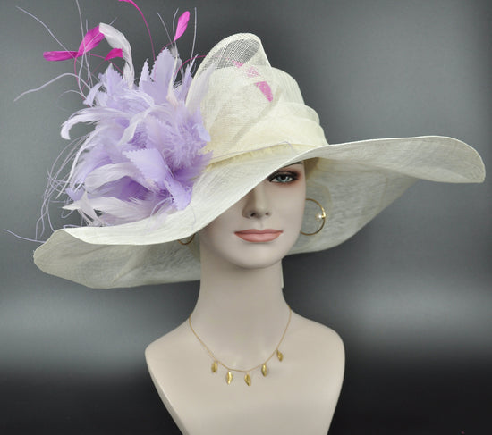 Sinamay Kentucky Derby Hat: Ivory Lavender Feather Church Hat