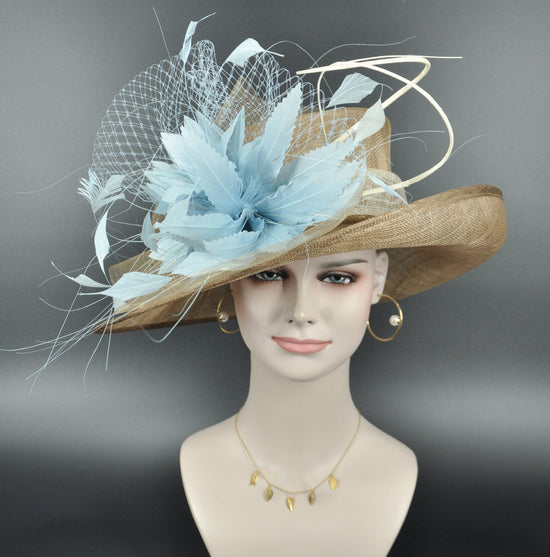 Wide Brim Kentucky Derby Hat, Ascot Hat for Wedding & Tea Party, Garden Party Hat, Mother of the Bride, Church-Taupe w Powder Blue