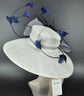 White Sinamay Derby Hat: Navy Blue Feather Flower, Royal Ascot Style