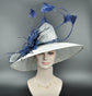 White Sinamay Derby Hat: Navy Blue Feather Flower, Royal Ascot Style