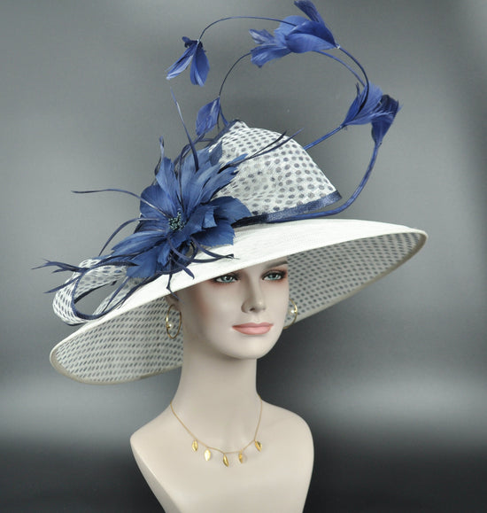 White Sinamay Derby Hat: Navy Blue Feather Flower, Royal Ascot Style