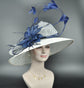 White Sinamay Derby Hat: Navy Blue Feather Flower, Royal Ascot Style