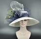 Kentucky Derby Hat: Ivory Sinamay, Navy Peacock Feather Tea Party Hat