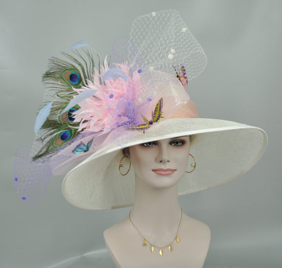 Wide Brim Sinamay Kentucky Derby Hat: Ivory, Blush Pink, Butterflies