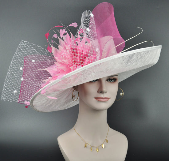 Church Kentucky Derby Hat Carriage Tea Party Wedding Wide Brim Sinamay Hat White w Fuchsia Hot Pink Pink Feather Flower Bows