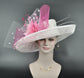 Church Kentucky Derby Hat Carriage Tea Party Wedding Wide Brim Sinamay Hat White w Fuchsia Hot Pink Pink Feather Flower Bows