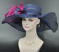 Navy Blue Sinamay Derby Hat: Feather Flower Wide Brim