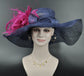 Navy Blue Sinamay Derby Hat: Feather Flower Wide Brim