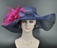 Navy Blue Sinamay Derby Hat: Feather Flower Wide Brim