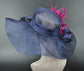 Navy Blue Sinamay Derby Hat: Feather Flower Wide Brim