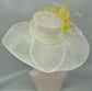 off White/ Ivory w Yellow Powder BLue  Feather Flower Kentucky Derby Hat, Church Hat, Wedding Hat, Easter Hat,  Wide Brim  Sinamay  Hat