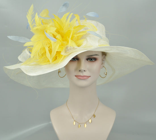 Wide Brim Sinamay Derby Hat, Yellow Feather Flower