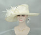Ivory Sinamay Wide Brim Hat: Feather Flower Derby Ascot