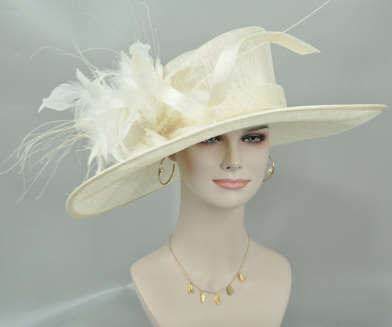 Ivory Sinamay Wide Brim Hat: Feather Flower Derby Ascot