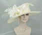 Ivory Sinamay Wide Brim Hat: Feather Flower Derby Ascot