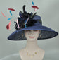 Navy Blue Feather Flower Derby Hat: Wide Brim Sinamay