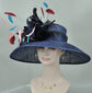 Navy Blue Feather Flower Derby Hat: Wide Brim Sinamay
