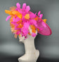 Hot Pink Sinamay DerbyFascinator Hat, Orange Silk Flowers
