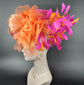 Hot Pink Sinamay DerbyFascinator Hat, Orange Silk Flowers