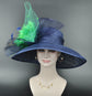 Navy Blue Sinamay Kentucky Derby Hat: Green Flower & Peacock Feathers