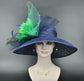 Navy Blue Sinamay Kentucky Derby Hat: Green Flower & Peacock Feathers