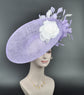 Lavender  w White Sinamay Disc Fascinator Hat with  Jumbo Silk and  Feather Flowers