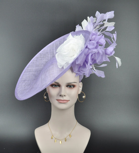 Lavender  w White Sinamay Disc Fascinator Hat with  Jumbo Silk and  Feather Flowers