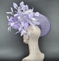 Lavender  w White Sinamay Disc Fascinator Hat with  Jumbo Silk and  Feather Flowers