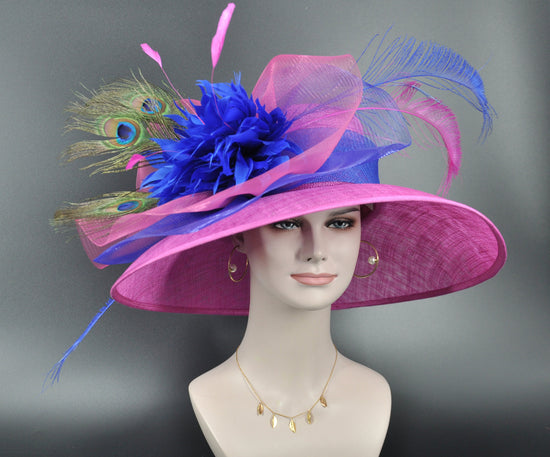 Hot Pink Kentucky Derby Hat: Royal Blue Feather Flower, Wide Brim Sinamay
