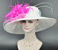 Wide Brim Sinamay Hat Church Kentucky Derby Hat Carriage Tea Party Wedding Hat Royal Ascot Horse Race Oaks day hatWhite w Fuchsia