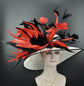 Wide Brim Kentucky Derby Hat: Red & Black Feathered Sinamay Church Hat