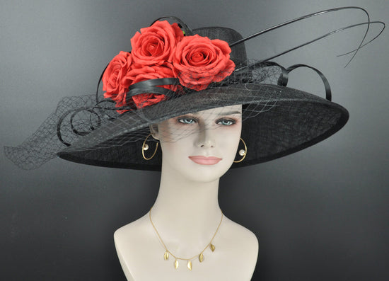 Black Sinamay Wide Brim Hat: Silk Rose Kentucky Derby Church Hat