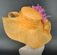 Orange w Hot pink Feather Flower Kentucky Derby Hat, Church Hat, Wedding Hat, Easter Hat, Tea Party Hat Wide Brim  Sinamay  Hat