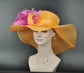 Orange w Hot pink Feather Flower Kentucky Derby Hat, Church Hat, Wedding Hat, Easter Hat, Tea Party Hat Wide Brim  Sinamay  Hat