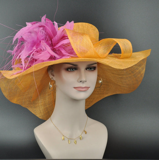 Orange w Hot pink Feather Flower Kentucky Derby Hat, Church Hat, Wedding Hat, Easter Hat, Tea Party Hat Wide Brim  Sinamay  Hat